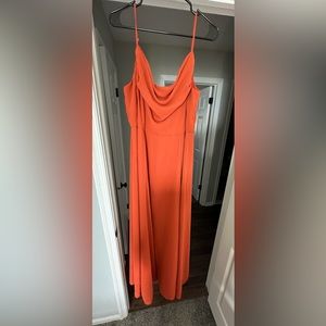 Calling all bridesmaids! DB, scoop neck chiffon gown in the color “cinnamon”.